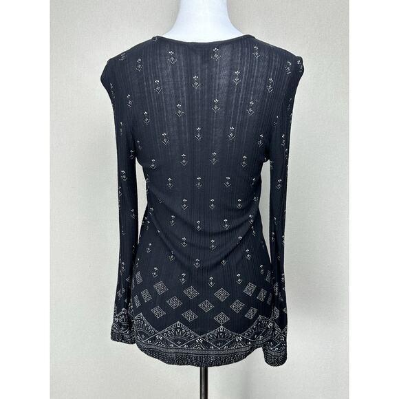Lucky Brand Top Womens S Black Geometric Tie V-Neck Viscose Boho Peasant Blouse - Picture 5 of 16